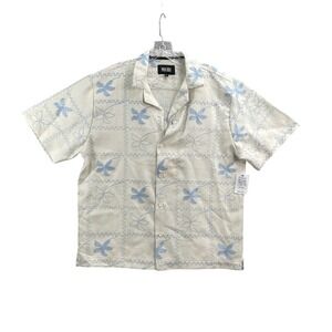 Malibu Hawaiian Shirt Men Large Ecru Blue Embroidered Floral Skate Surf Tropical
